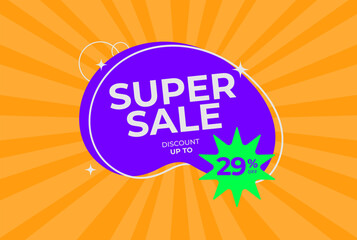 Discount up to 29% off Super sale. Twenty nine percent off promotion. Super sale business banner on rays orange background. Vector illustration.