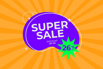 Discount up to 26% off Super sale. Twenty six percent off promotion. Super sale business banner on rays orange background. Vector illustration.