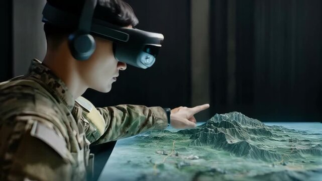 Military Personnel Uses Virtual Reality Technology to Analyze Terrain During Training Session in High-Tech Simulation Room. Generative AI