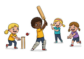 Children Playing Cricket: Cartoon Illustration of Kids Enjoying a Game.