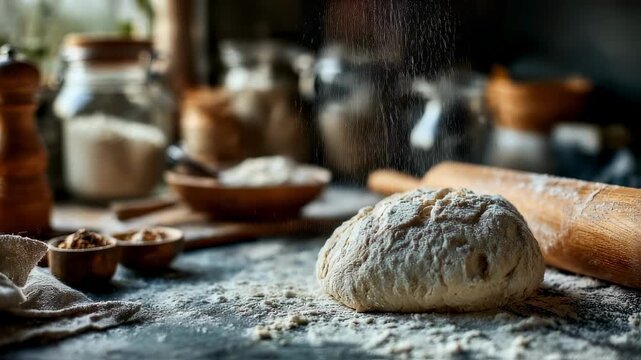 Flour cascading down onto fresh homemade dough for bread, pizza, or pasta, surrounded by various ingredients and tools on a rustic kitchen table, creating a vibrant baking scene