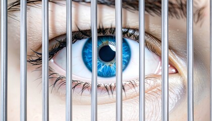 A close-up view of a vivid blue eye, trapped behind metallic bars, conveying a sense of confinement and introspection.