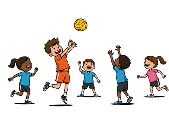 Cartoon Children Playing with a Yellow Ball Together.