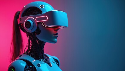 Futuristic female robot with glowing neon head wearing VR headset. Advanced AI technology and brain interface concepts. Cybernetic woman with face recognition. Blue and pink gradient background.