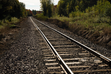 Fototapeta premium An Abandoned Railway Track Surrounded by Lush Green Landscape and Trees
