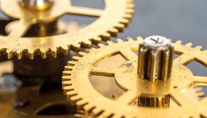 Close-up view of intricately designed brass gears working together in a complex mechanism.