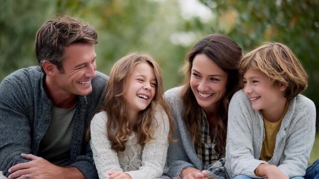 Portraitstyle medium shot of a blended family dressed casually seated on a blanket outdoors with crisp focus on interacting faces and a softly blurred natural backdrop.