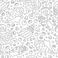 Fototapeta premium Seamless underwater pattern with seashells and conch in outline silhouette. Marine aquatic design with ocean elements and doodle texture. Perfect for sea decorations, backgrounds, summer projects,