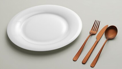 Clean White Plate With Copper Cutlery On A Light Grey Surface