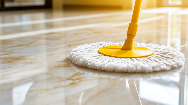 Housekeeper using a wet mop to clean gleaming tile floors