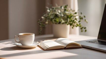 Cozy Workspace with Coffee and a Book: A peaceful moment with essentials for work or study in a softly lit environment.