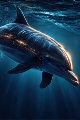 Naklejka premium A radiant dolphin glows underwater, showcasing bioluminescent details. Perfect for themes of nature, mystique, and marine life conservation.