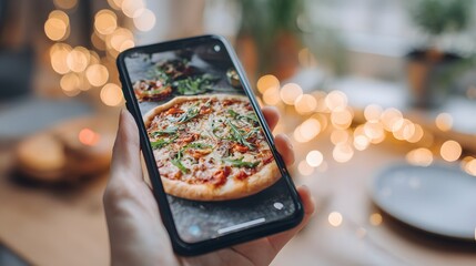 Pizza picture with mobile phone. Delicious pizza with blurry lights on the table. Capturing food with smartphone for social media.