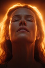 A serene woman with closed eyes, illuminated by a halo of fiery light, evoking tranquility and ethereal energy. Ideal for concepts of meditation and inner peace.
