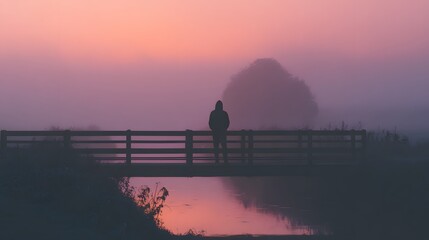 A lone figure stands on a bridge shrouded in mist at dawn, creating a serene and introspective scene. The colors evoke peace and tranquility.