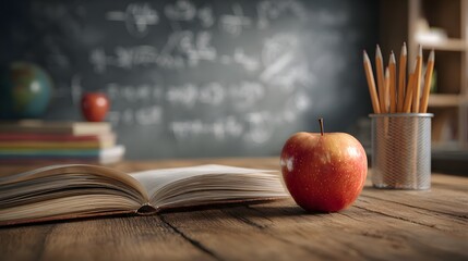 School desk still life with an apple, open book, and pencils on a textured wooden surface, evoking a sense of learning and nostalgia.