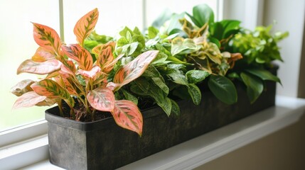 Indoor planter box with multiple plants on windowsill