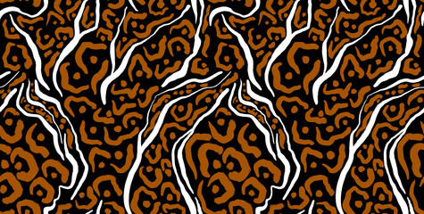 Leopard, zebra and giraffe pattern design. Hand drawn leopard zebra and giraffe pattern design. For textile and print. Black and coffee color.