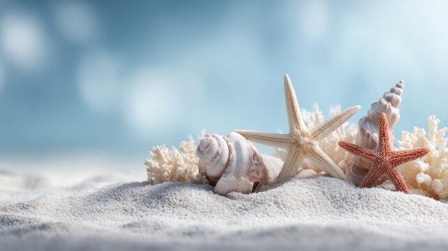 Beach scene with seashells, starfish, and coral on white sand, bokeh background