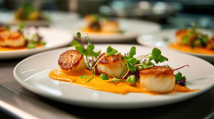Gourmet scallops plated with green and orange pur&eacute;e, styled beautifully in a modern kitchen