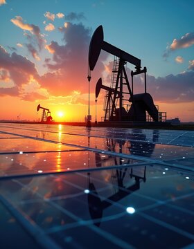 Oil pump jacks, solar panels under vibrant sunset sky. Reflecting sun, clouds on photovoltaic panels, representing energy industry transition. Fusion of fossil fuels extraction, renewable solar power