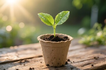 A young green plant sprouting from rich soil in a biodegradable pot, illuminated by warm sunlight with a soft, blurred nature background.
