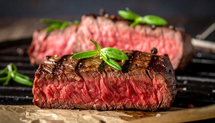 Close-up view of two grilled steak slices, seasoned with rosemary and pepper, on a dark grill.
