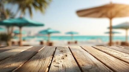 Wooden beach table top view with blurred beach background