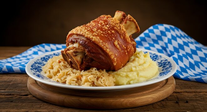 "Tradicional Schweinshaxe b&aacute;varo acompa&ntilde;ado de chucrut y pur&eacute; de patata"