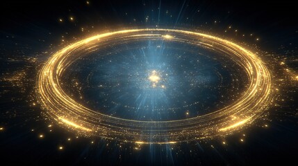 Obraz premium Golden circular portal in outer space, radiant light cosmic digital art, high resolution symmetrical design