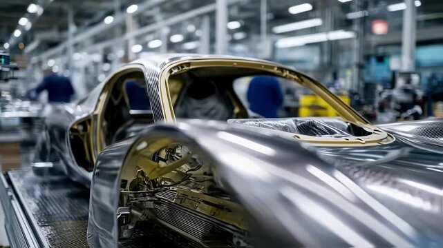 Medium view of a sleek hypercar chassis midpress curing highlighting the textured carbonfiber surface in crisp detail while the surrounding parts and operators remain out of focus.