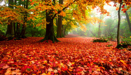 Obraz premium Autumn Forest Path with Red and Orange Leaves