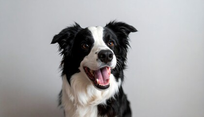 Playful border collie with joyful expression against a neutral backdrop.