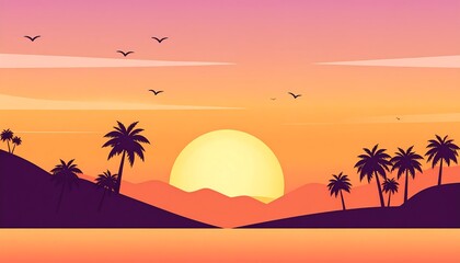 Silhouette landscape of a tropical sunset with palm trees, hills, and a vibrant sun.