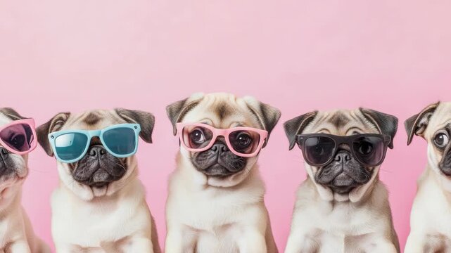 Cute pug puppies wearing sunglasses and sun visors for fun shoot.
