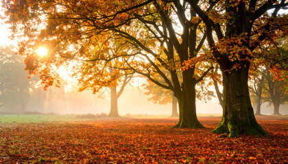 Fototapeta premium Autumn Sunrise in a Misty Park