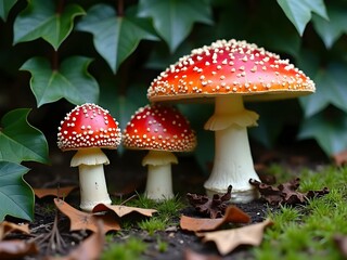 Fototapeta premium Vibrant Red and White Fly Agaric Mushrooms in a Natural Environment Setting with Green Foliage and Grass