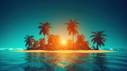 Tropical isle under blue sky with palm trees bathed in golden sunlight and reflections