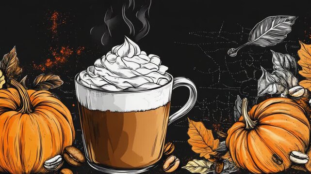 Warm beverage with whipped cream and pumpkin spices, set against a festive fall background