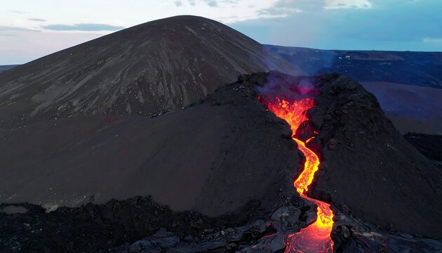 A dramatic aerial view reveals molten lava flowing down a volcanic cone's slopes, showcasing the earth's powerful forces.