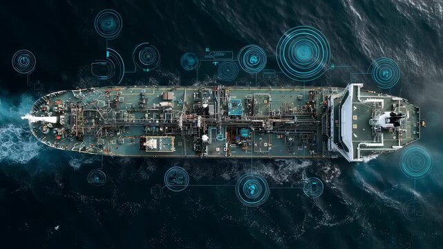An aerial view of a ship at sea with various connected devices highlighted such as satellite antennas IoT sensors and crew tablets illustrating how bandwidth management ensures optimal