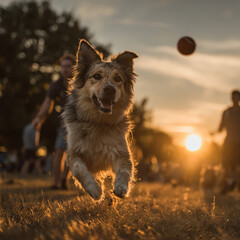 Joyful Dog Leaping to Catch a Ball at Sunset