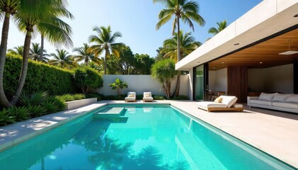 Fototapeta premium Sleek geometric pool design with clean lines and pristine turquoise water, perfect for a modern backyard oasis Sun-drenched luxury and tranquil escape , light, rectangle pool