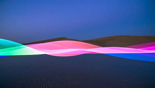 Vibrant light trails dance across the undulating desert landscape at twilight.