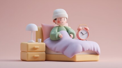 Fototapeta premium Insomnia and sleep disorder concept, A cozy cartoon character relaxing in bed with a clock and lamp.