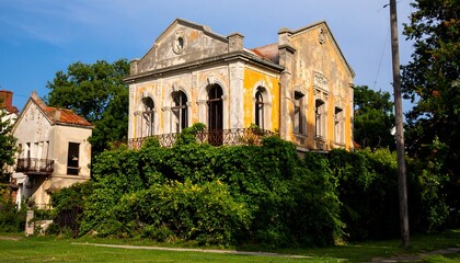Fototapeta premium Overgrown, dilapidated two-story house with peeling paint and arched windows