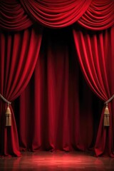Luxurious velvet stage curtains, deep crimson red, elegantly draped and ready for a theatrical performance Perfect for design, theatre, and event planning , theatrical backdrop, burgundy