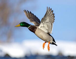 Obraz premium Mallard duck in flight over water