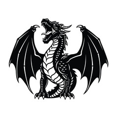 Obraz premium A monochrome illustration of a fierce dragon, wings spread wide, roaring loudly.
