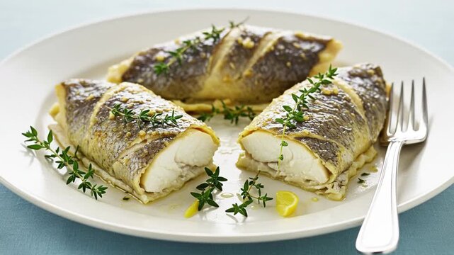 cooked fish fillets served on a white plate with fresh herbs and lemon.